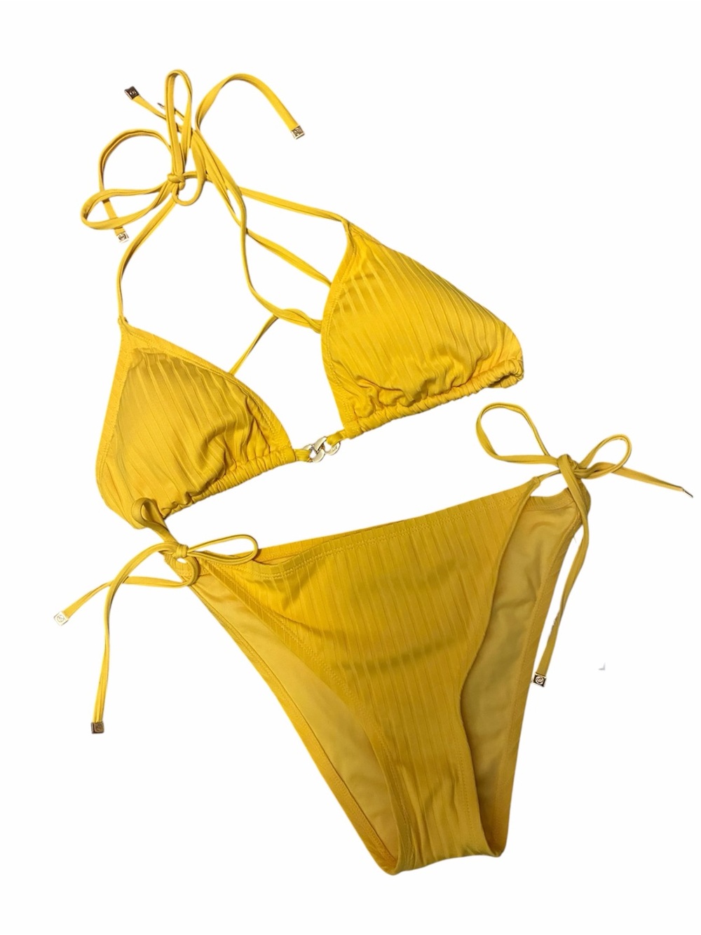 Michael Kors Yellow Ribbed Triangle Tie-Side Bikini Set Large